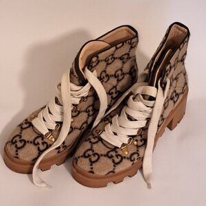 Covered Wool GG Monogram Womens Lace Up Combat Ankle Boots